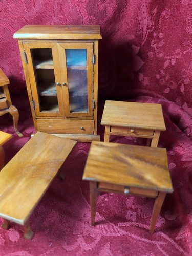 Vintage Wood Doll House Furniture Hutch Tables Coffee Table 6 Pc Good Condition - Picture 3 of 19