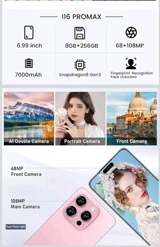 I16 PROMAX 5G Unlocked Cell Phone 8GB+256GB/6.99"68MP+108MP Dual SIM Card - Photo 2 sur 4