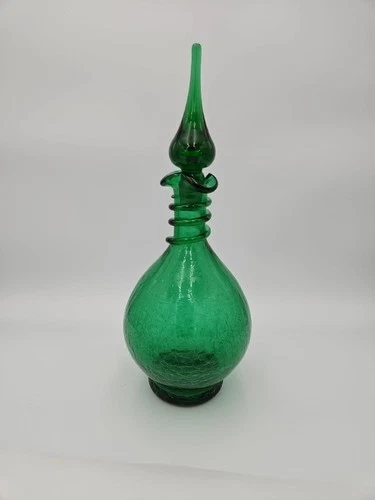 Rainbow? Blenko? Green Crackle Art Glass Decanter With Stopper MCM