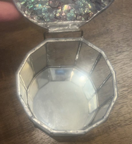 Vintage Abalone Muschel Deckel Schmuck Schmuckkästchen Alpaka Mexiko aufklappbare Glasscheibe - Bild 8 von 12