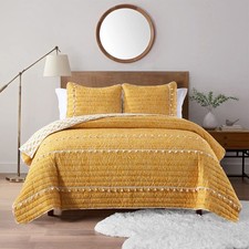 Boho Style Yellow Queen Quilt Set with Tassle, Soft and Lightweight Bedspread...