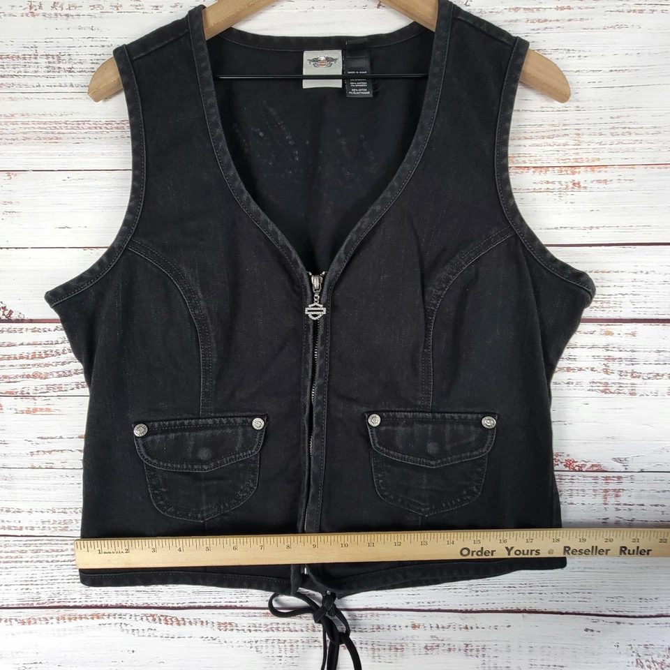 Harley Davidson Black Denim Vest Women’s XL Lace Up Rhinestone Logo Biker Y2K - Image 4 of 4