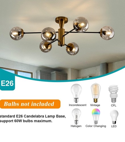 6-Lights Smokey Glass Globe Sputnik Modern Flush Mount Ceiling Light Gold - Picture 7 of 11