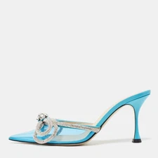 Mach Mach Blue PVC Crystal Embellished Double Bow Mules Size 39