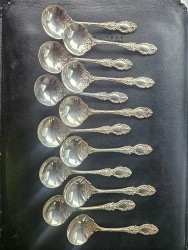 Set of 12 Gorham Lucerne Sterling Silver Cream Soup Bouillon Spoons c1895 No Mon