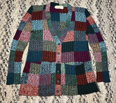 Vtg 60s 70s Hippie Patchwork Button Up Shawl Cardigan Sweater Color Block Hand
