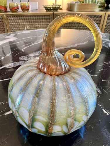 Jack Pine Studio Blown Glass Pumpkin 2011 Green Gold Lavender 5 1/4” - Picture 3 of 5