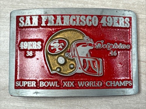 San Francisco 49ERS 3 fibbie per cintura set Super Bowl XIX Champs Vs Dolphins vintage rare - Foto 5 di 14