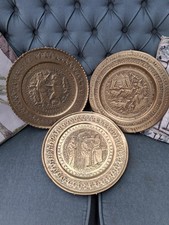 3 Vintage Heavy Brass Embossed Decrotive Wall Plates With Hanging Plate Holders