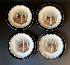 Set Of 4 Folkcraft Stoneware WHITE TAIL DEER Salad Dessert Plates 8.5"  Scottyz