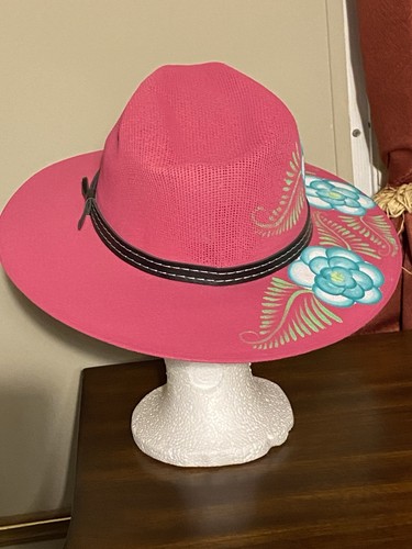 Fedora M Rosa Pintado a Mano Floral Bohemio México Sombrero de Paja  - Imagen 2 de 8