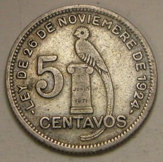 GUATEMALA 5 Centavos 1929 Silver 0.72 VF/XF 3769