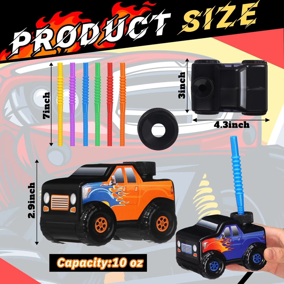 Набор из 24 дорожных чашек с соломинками Monster Truck, пластиковый автомобиль для бездорожья, напиток, куб... - Изображение 2 из 4