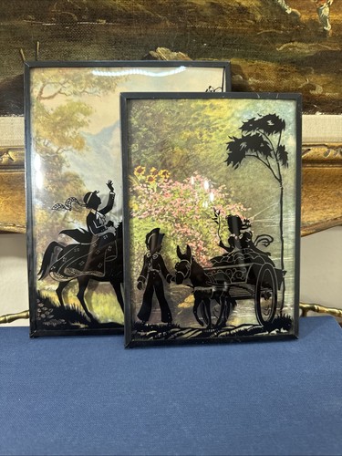2 Vintage Reverse Silhouette Couple Victorian Bubble Glass Frames - Picture 12 of 16