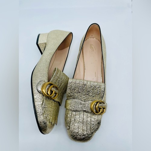 Gucci Gold Metallic Leder GG Fransen Marmont 30mm Absatz Loafer Pumps EU 41 - Bild 2 von 12