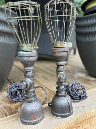 Vintage Pair Of Retro Industrial Iron Pipe Lamps -Desk -Table Light With Cage - Picture 9 of 12