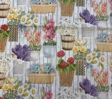 Wall of Flowers Joy Hall Flower Pots Gardening Cotton Fabric BT Half Y #17