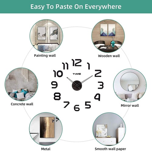 Large DIY Wall Clock, 3D Mirror Number Stickers Large Wall Clock Kit Mute Fra... - Picture 8 of 8
