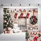 Christmas Fireplace Backdrop Xmas Tree Sock Gift Family Party Photo Background