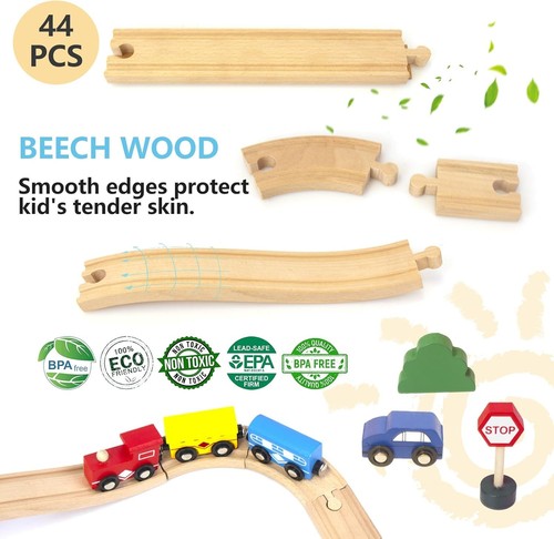Wooden Train Track 44 Piece Set, Expansion Compatible with All... - Picture 3 of 6