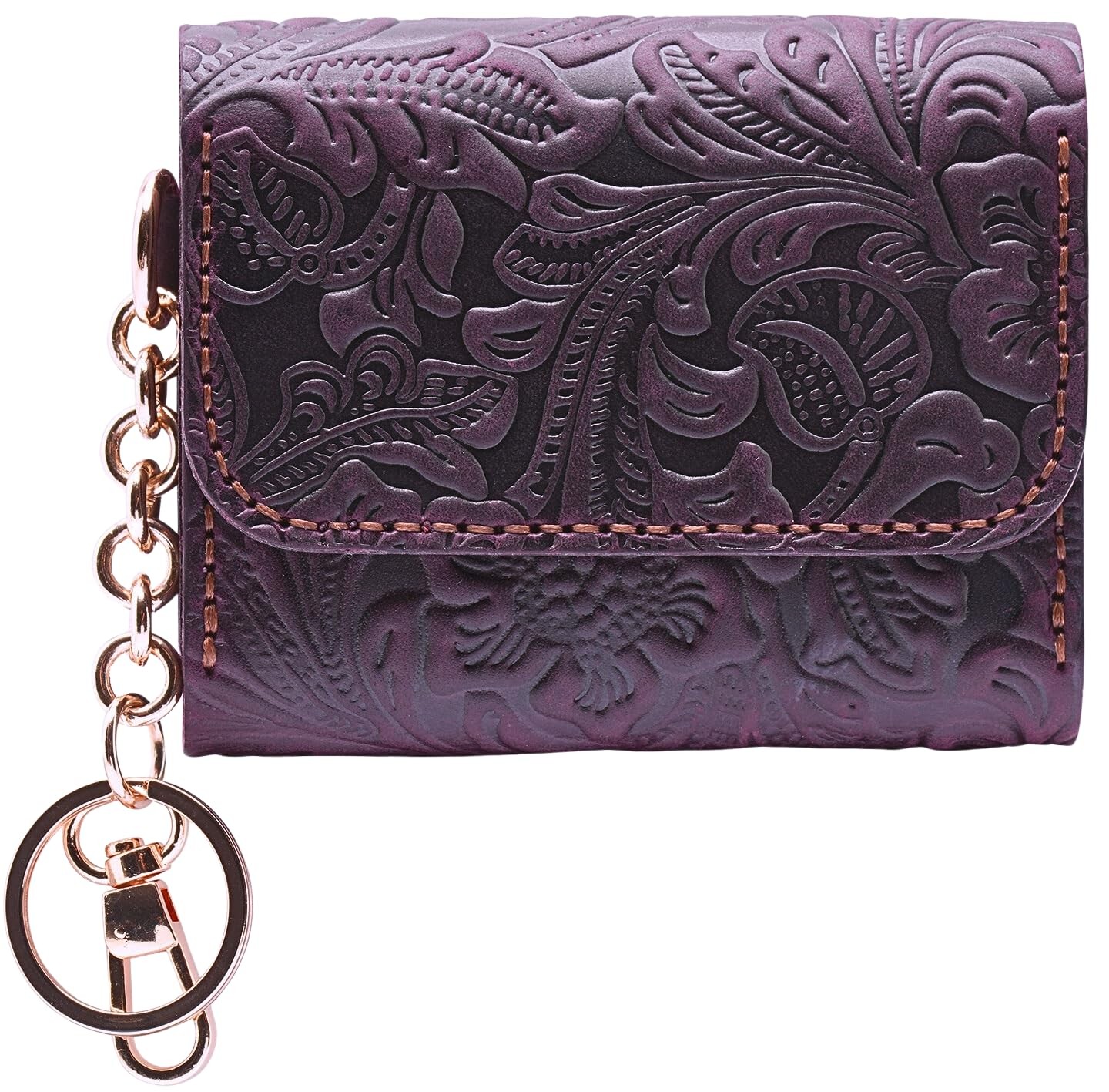 Handmade Western Floral Leather Keychain Wristlet Wallet for Women - Small Crossbody Purse