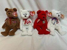 Lot of 4 1990s Beanie Babies National Flag Teddy Bears