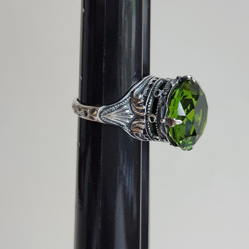 Huge Peridot Size 6.5 Sterling Silver Ring, 9g, 15mm Gemstone, Raised Shank - Picture 14 of 17