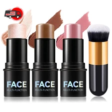 3PCS Cream Contour Stick Kit,Matte Waterproof Blush Highlighter Bronzer Brush