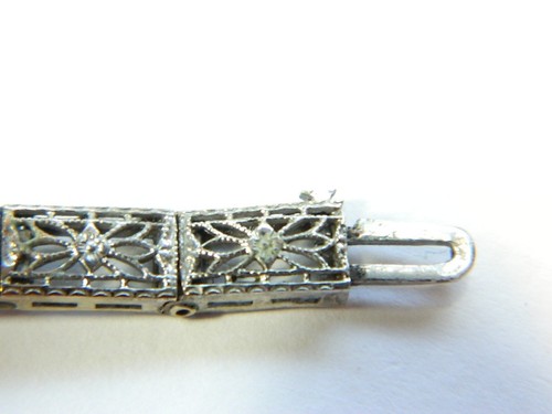 Art Deco 14K White Gold Filigree Diamond Sapphire Bracelet 6.5 in. 7.5 Grams - Picture 14 of 14