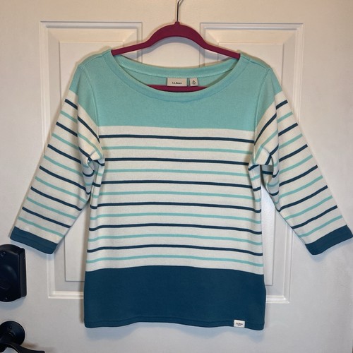 LL Bean Cotton Knit Sweater Sz S Women’s 3/4 Sleeve Boat Neck Stripes #501776