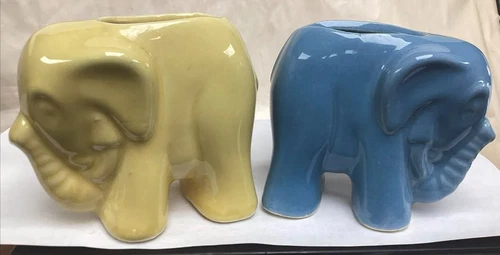 2 Vintage McCoy Blue & Yellow  Pottery Elephant Trunk Up Planter