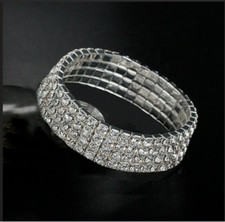 NEW 4-Row Clear Stretch Elastic Silver Crystal Rhinestone Bracelet Elegant Event