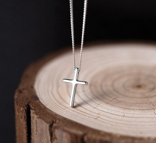 Simple Small Sterling Silver IP Cross Pendant Necklace Women Men's - Picture 1 of 1