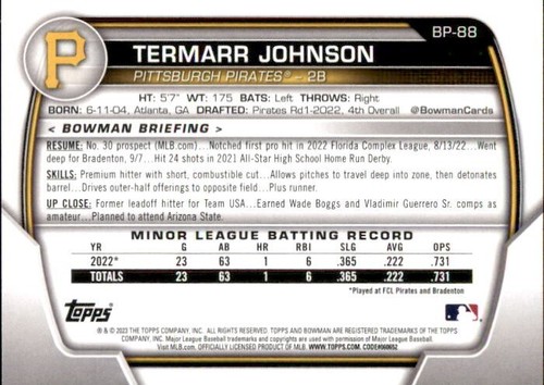 2023 BOWMAN BASE PAPER PROSPECT BP88 TERMARR JOHNSON PITTSBURGH PIRATES - Bild 2 von 2