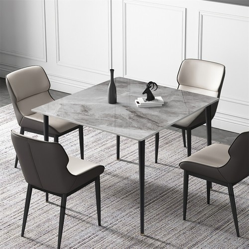 Luxury Modern Grey/ White Marble Dining Table Gloss Finish with Black Metal Legs - Picture 5 of 18