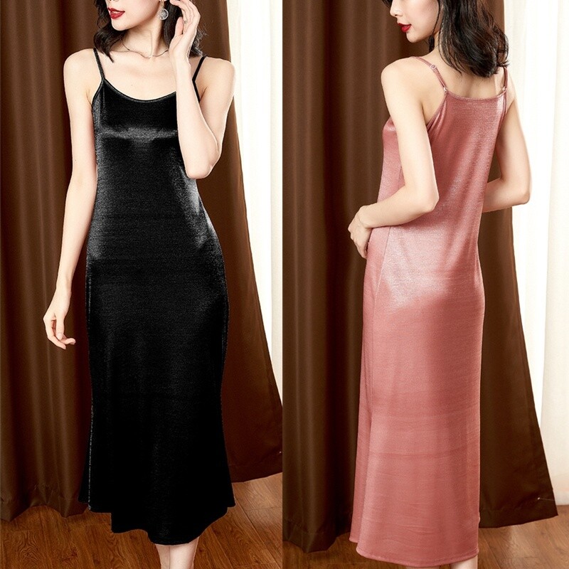 Women Faux Silk Cami Dress Satin Petticoat Silky Underdress Suspender Dress Slim