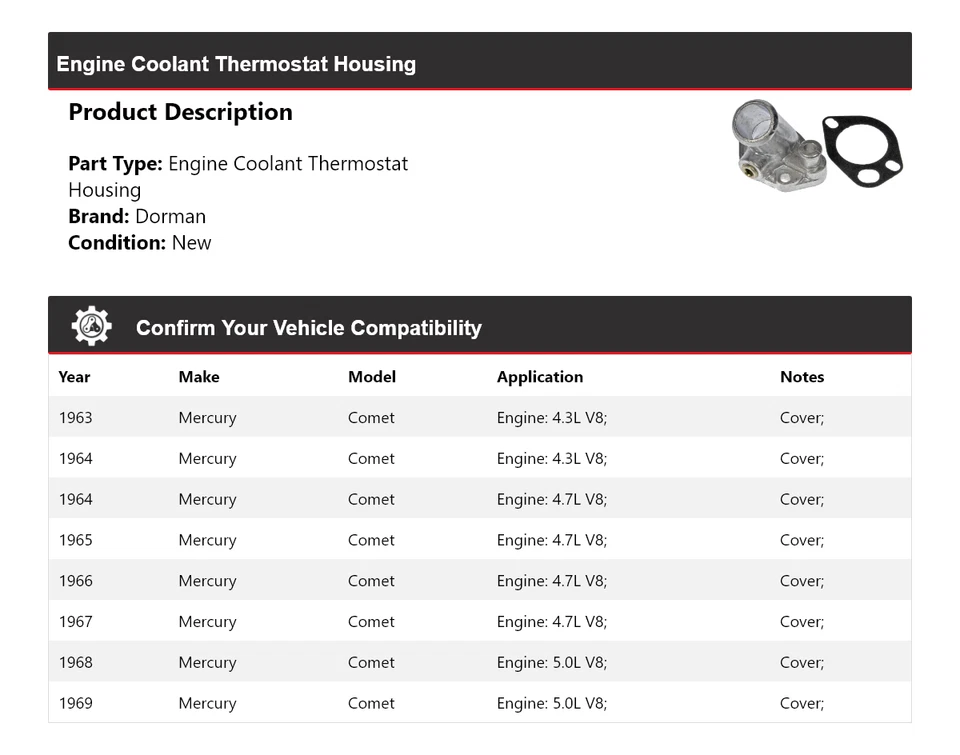 Carcasa termostato refrigerante motor Mercury Comet Dorman 1963-1969 1964 1965 Foto 2 de 4