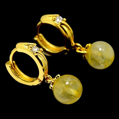 NATURAL AAA RUTILATED QUARTZ ROUND & WHITE CZ BRASS YELLOW GOLD PLATED EARRING - Picture 2 of 6