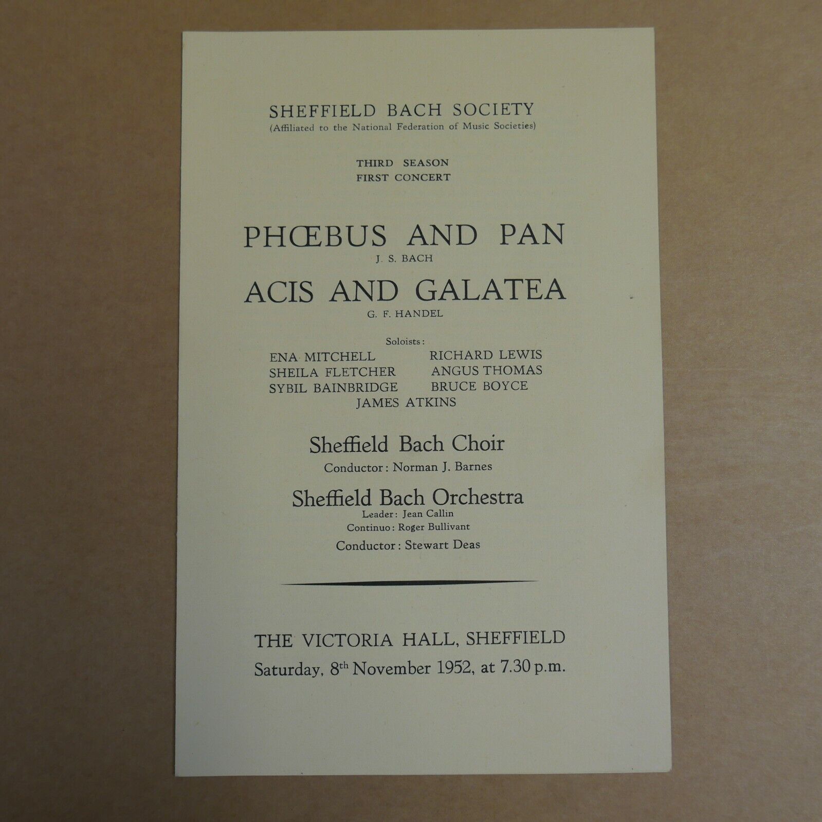 concert programme SHEFFIELD BACH SOCIETY 1952 stewart deas victo