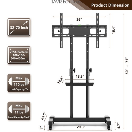 Mobile TV Stand Rolling TV Cart Floor Stand with Mount on Lockable Wheels New - Picture 8 of 12