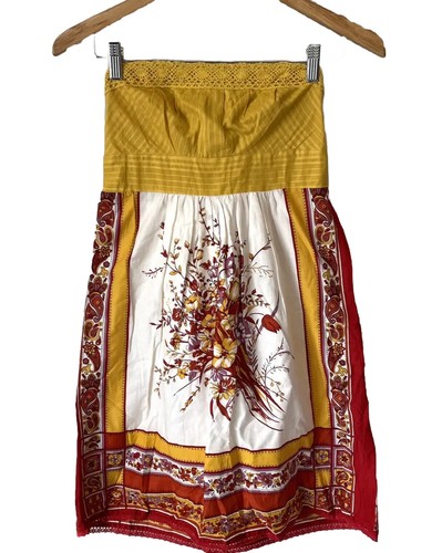 Forever 21 Strapless Dress Womens Sz Small S Mustard Festival Flowers Art Boho - Picture 1 of 12