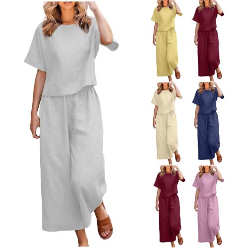Womens Summer Cotton Linen 2 Piece Outfits Crewneck Half Sleeve Wide Leg Pants