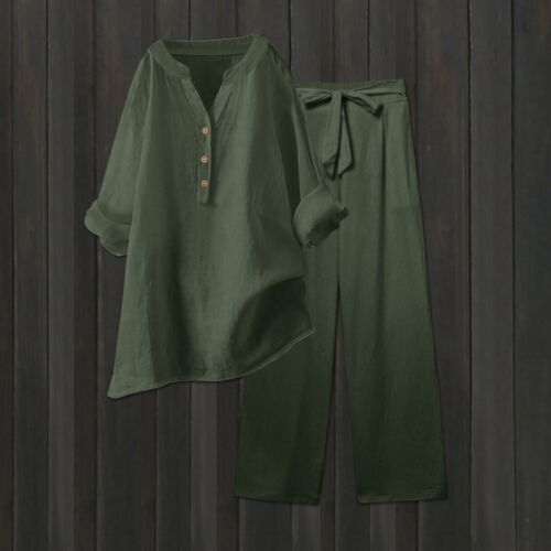 Womens 2 Piece Outfits Wide Leg Blouse Pockets Elastic Pants Sets Casual V Neck - Picture 25 of 60
