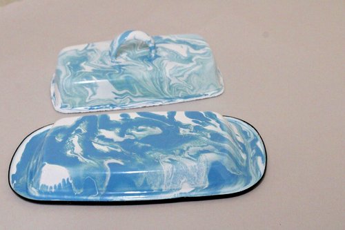 BLUE WHITE ENAMEL PORCELAIN SPLATTER BUTTER DISH HOLDER FARMHOUSE DECOR KITCHEN. - Picture 4 of 5