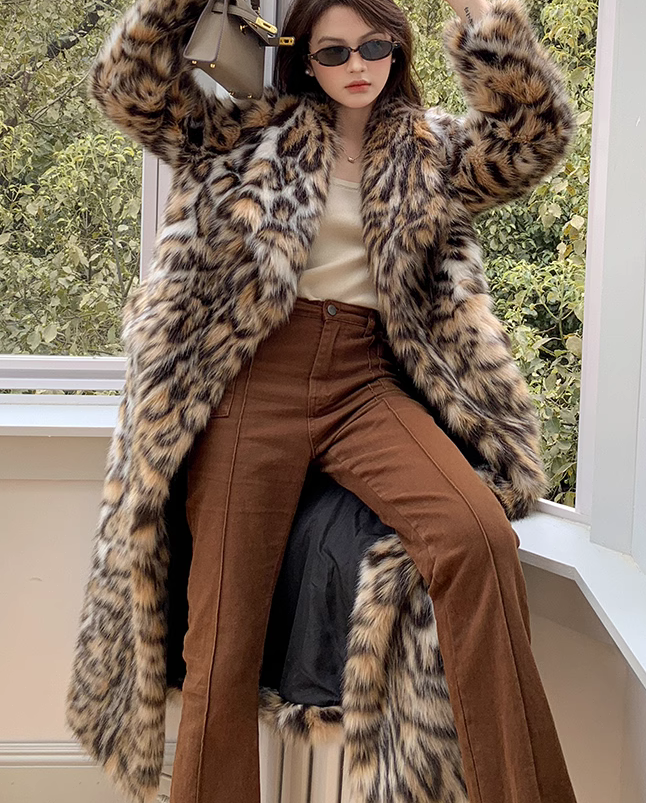 Womens Leopard Printed Pattern Fur Long Over Knee Coat Lapel Womens Leopard Printed Pattern Fur Long Over Knee Coat Lapel