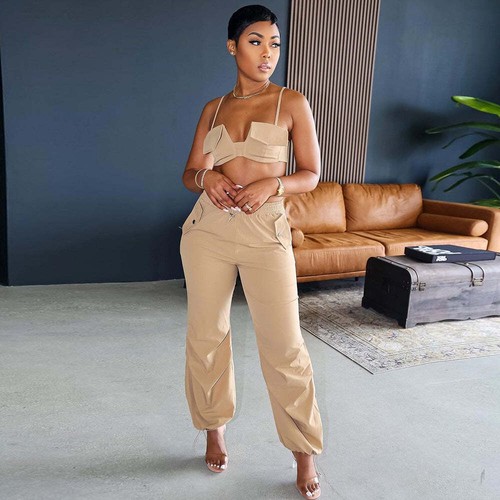 Spaghetti Straps Corset Niche Cropped Outfit Ankle Tied Trousers Drawstring Two - Picture 4 of 5