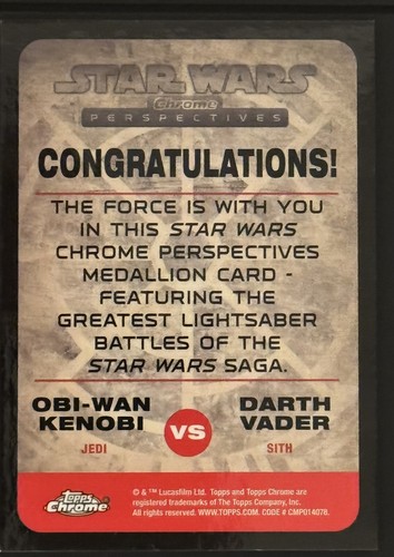 2015 Star Wars Chrome Perspectives Bronze Medallion Card Kenobi vs Darth Vader - Picture 2 of 2