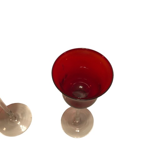 Set Cranberry Clear Crystal Glass Tall Wine Goblets Clear Stems - Picture 3 of 11