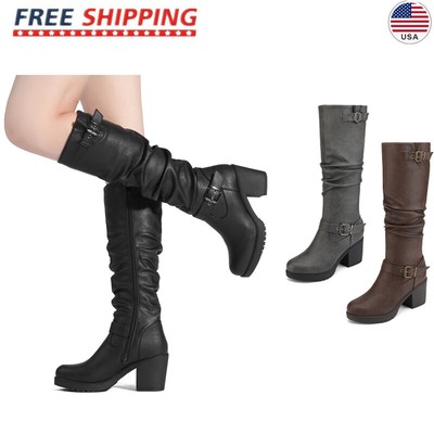 Women Faux Fur Lined Suede Low Chunky Heel Over Knee Boots Lace Up Zip Shoes D Women Faux Fur Lined Suede Low Chunky Heel Over Knee Boots Lace Up Zip Shoes D
