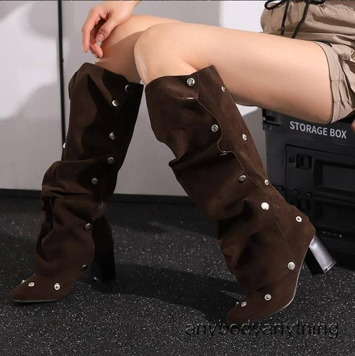 Damen Eckige Zehenpartie Blockabsatz Kniehohe Stiefel Denim Überschlag Röhre Stiefel High Heel - Bild 9 von 29